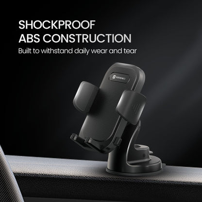 Portronics Clamp M4 Car Phone Holder Stand with 360 Degree Rotation, Strong Grip, Suction Cup Mount, Single Hand Use, Shockproof Build, Mobile Stand for Car (Black)