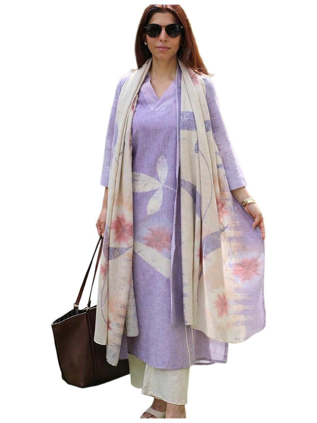 GoSriKi Women Cotton Blend Straight Fit Printed Kurta Pant Dupatta Set | V Neck Three Quarter Sleeve Ensemble | Soft Breathable Fabric | Comfortable Elegant Styling for Office Casual Wear