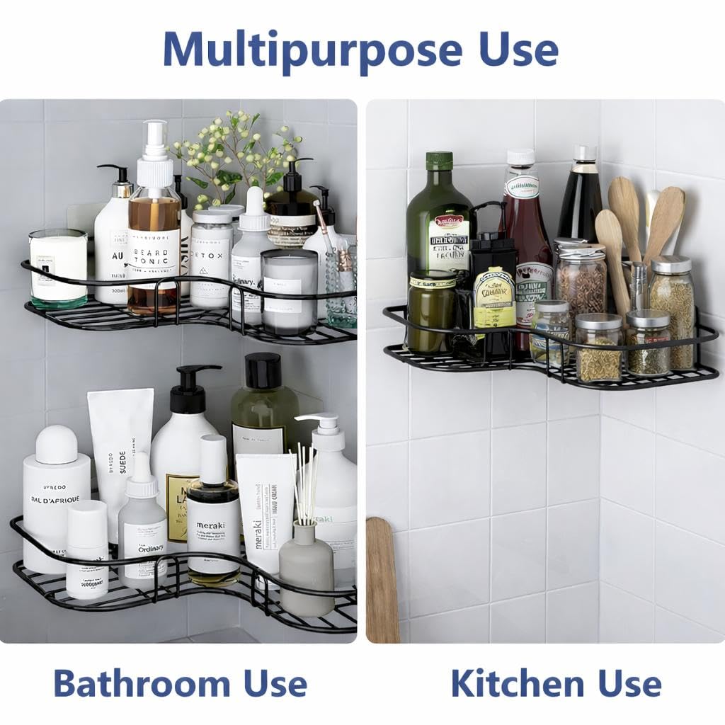 Oslen Metal (Pack of 2 Self-Adhesive Shelf/Storage Organizer for Bathroom and Kitchen Corner Wall Mounted Rack Shelf Bathroom Accessories Storage Rack (No Drilling-Shelf Adhesive) (8 and 9 INCH,Black)