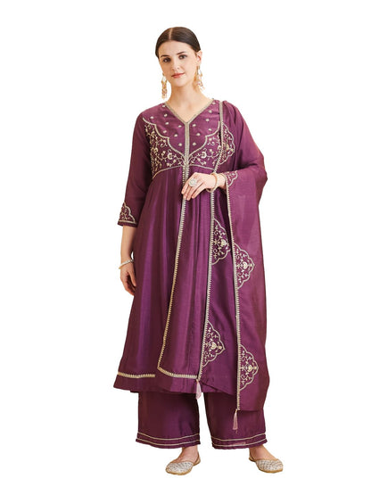 MOKOSH Women's Silk Embroidered Anarkali Kurta with Palazzo Set & Dupatta | Ethnic Handwork Kurta Set for Women | Daily, Office & Festive Traditional