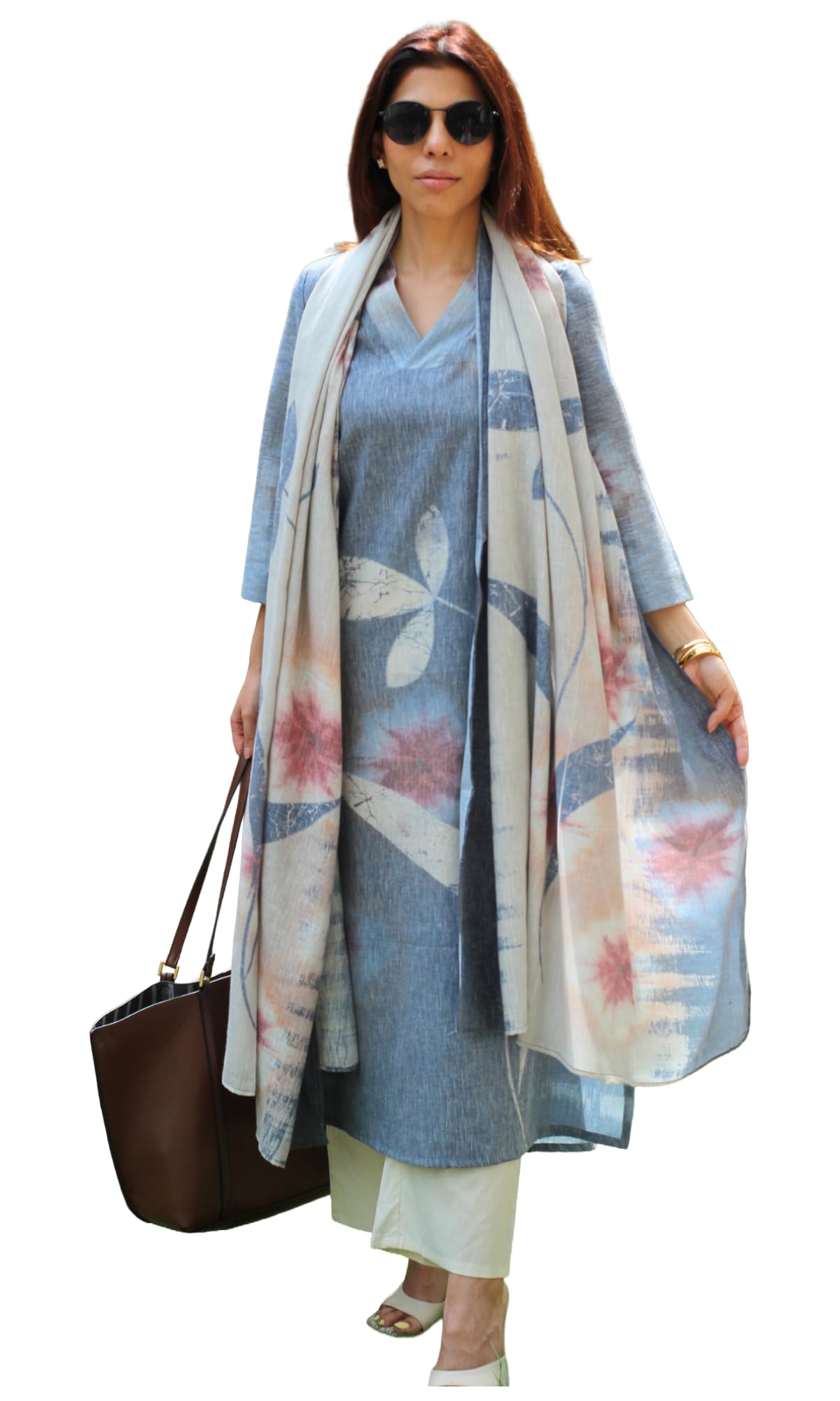 GoSriKi Women Cotton Blend Straight Fit Printed Kurta Pant Dupatta Set | V Neck Three Quarter Sleeve Ensemble | Soft Breathable Fabric | Comfortable Elegant Styling for Office Casual Wear