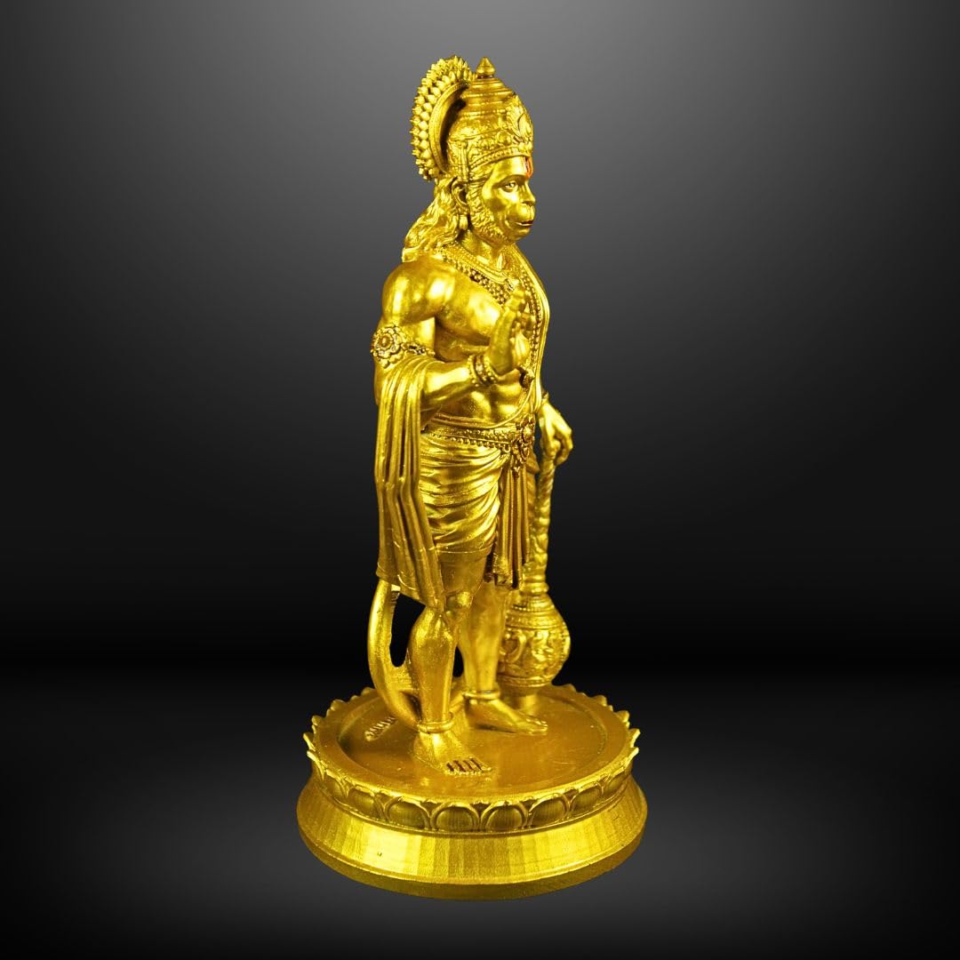 Hanuman Ji Standing with Gada Murti | 8 Inch Polystone Idol | Brass, Antique Copper & Orange Finish | Home Mandir, Hanuman Jayanti Gift (Brass Finish, 8 inches)