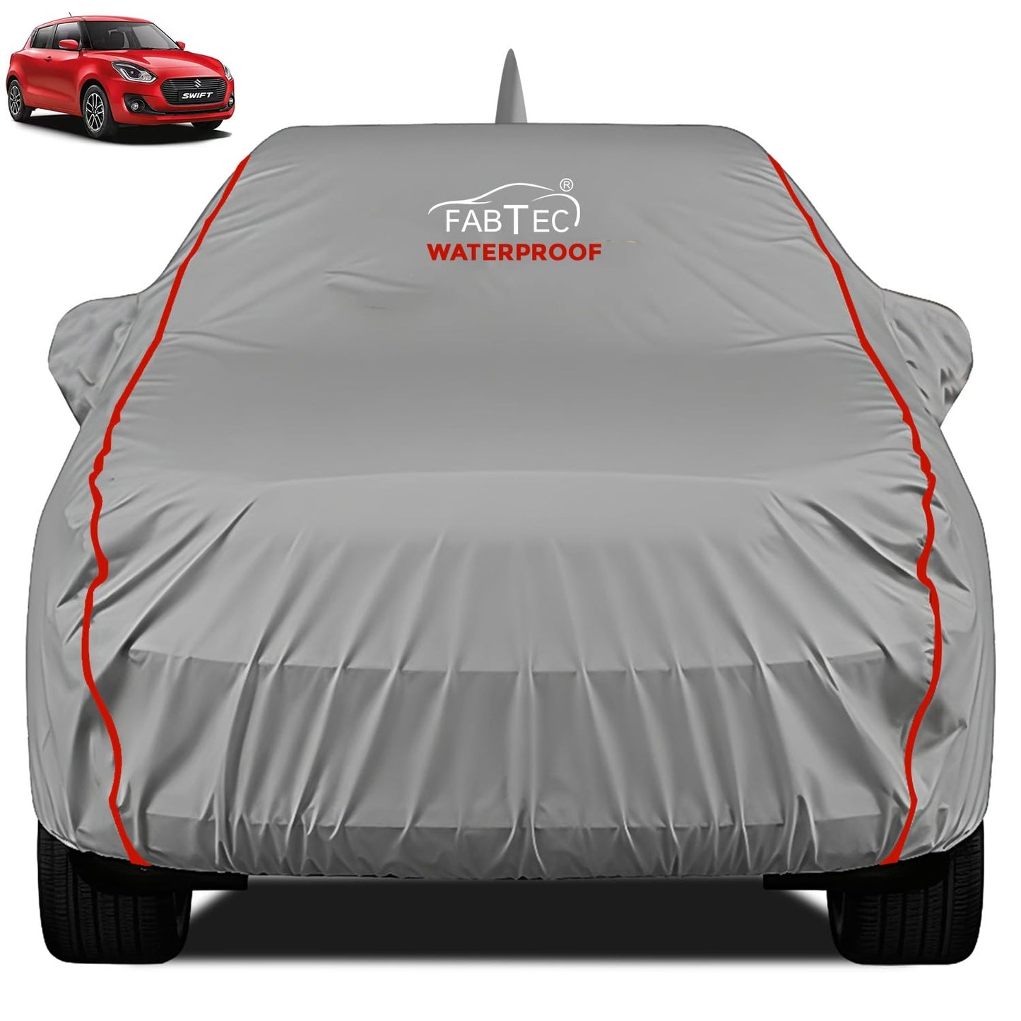 FABTEC Waterproof Premium Car Cover for Maruti Brezza Super Waterproof Car Body Cover Heavy Duty Durable PEVA Grey with Red Piping