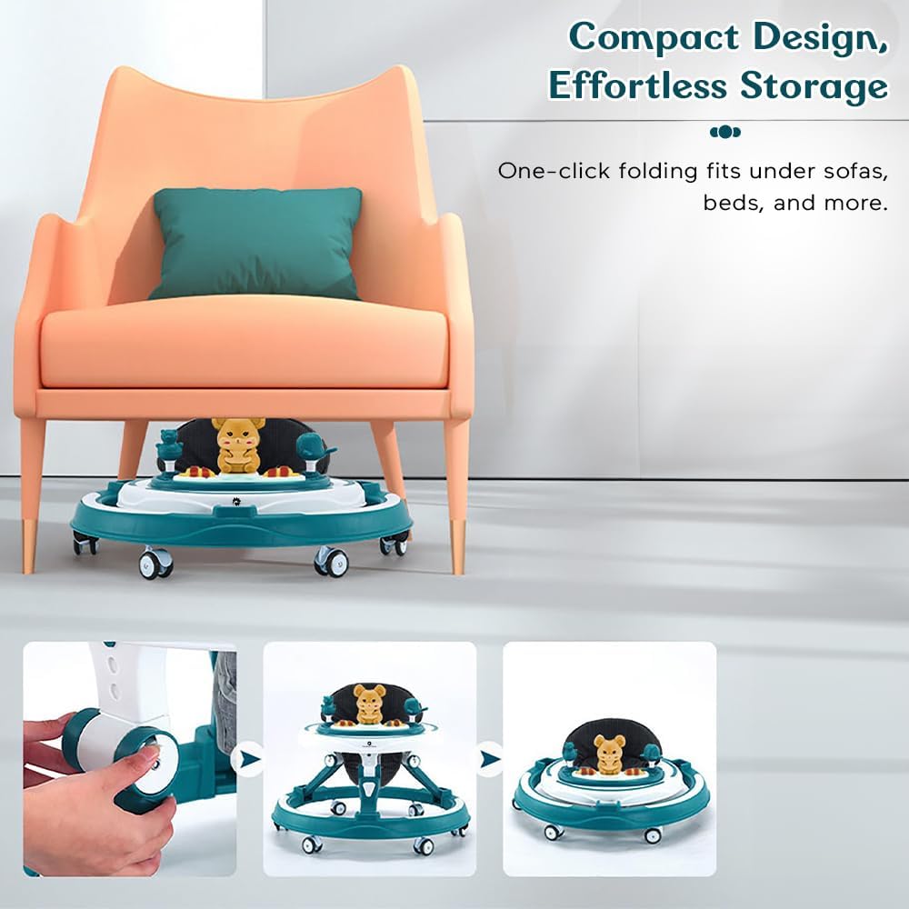 StarAndDaisy Walker for Kids for 6 to 18 Months, Intergrated RGB Lights Baby Walker Boys & Girls with 7 Level Height Adjustment, Walker Baby with Switchable Food & Musical Toy Tray (Blue)