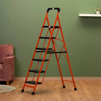 BonKaso Climb Easy 6 Step Heavy Duty Foldable Steel Kitchen Ladder for Home, Office & Outdoor Use with Anti-Slip Wide Steps, Support Handle & Tool Tray (Orange & Black)