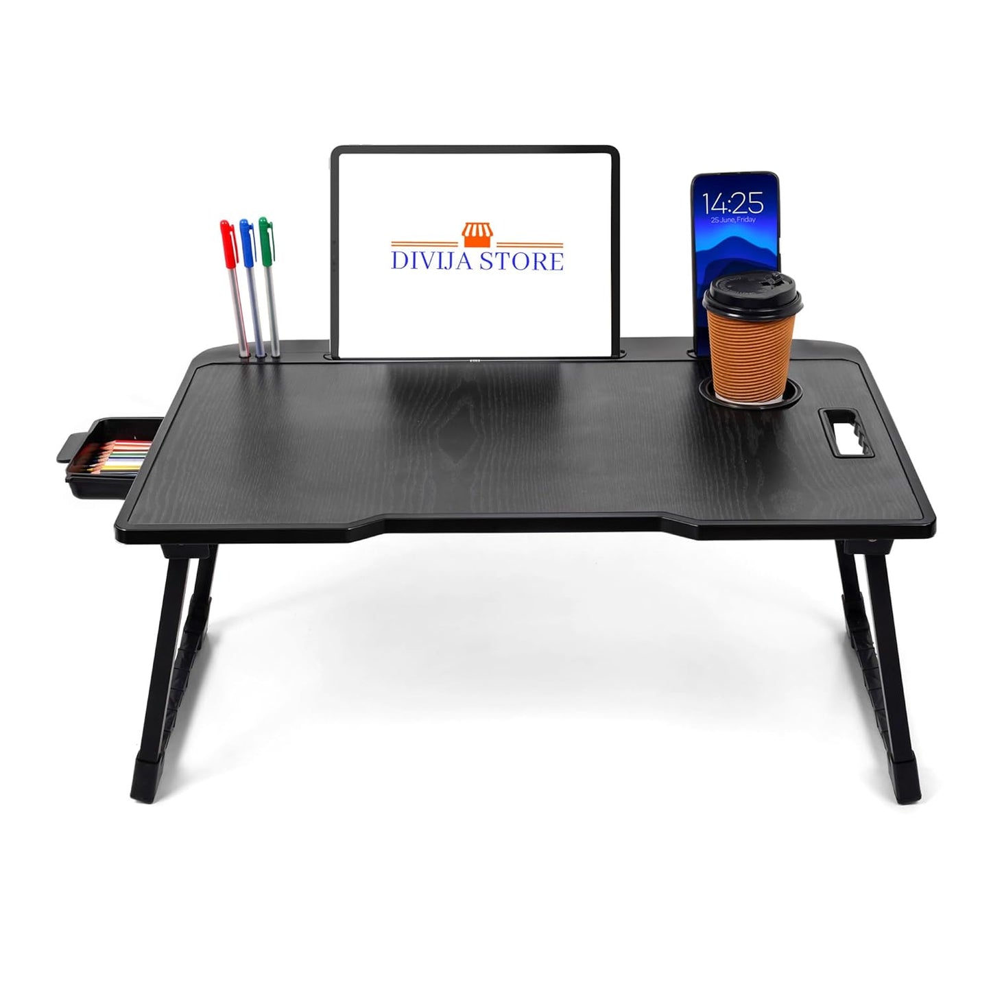 DIVIJA STORE Wood Smart Multipurpose Foldable Laptop Table with Cup Holder, Study Table, Bed Table, Breakfast Table, Foldable and Portable/Ergonomic & Rounded Edges/Non-Slip Legs (Black), 59 cm, 8 cm