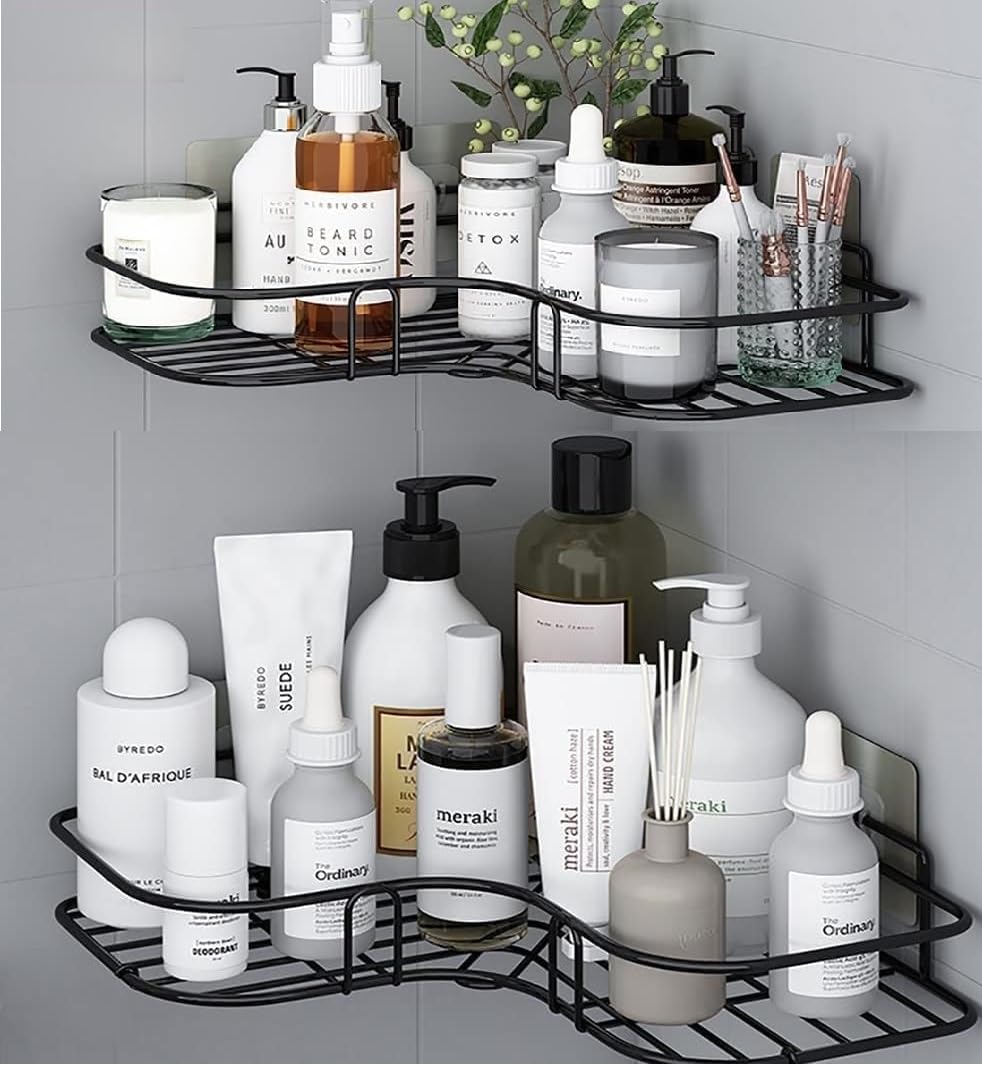 Oslen Metal (Pack of 2 Self-Adhesive Shelf/Storage Organizer for Bathroom and Kitchen Corner Wall Mounted Rack Shelf Bathroom Accessories Storage Rack (No Drilling-Shelf Adhesive) (8 and 9 INCH,Black)