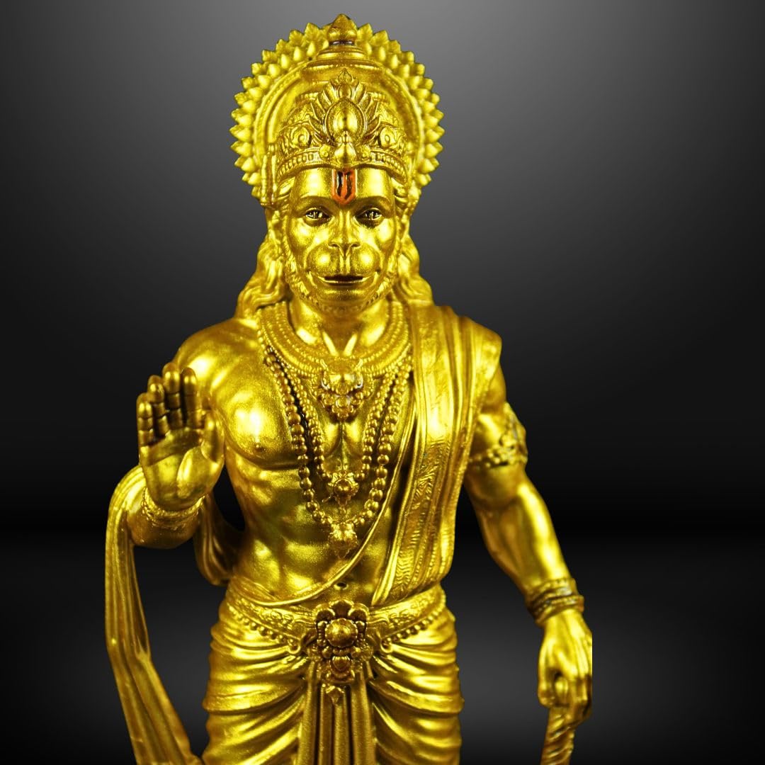 Hanuman Ji Standing with Gada Murti | 8 Inch Polystone Idol | Brass, Antique Copper & Orange Finish | Home Mandir, Hanuman Jayanti Gift (Brass Finish, 8 inches)