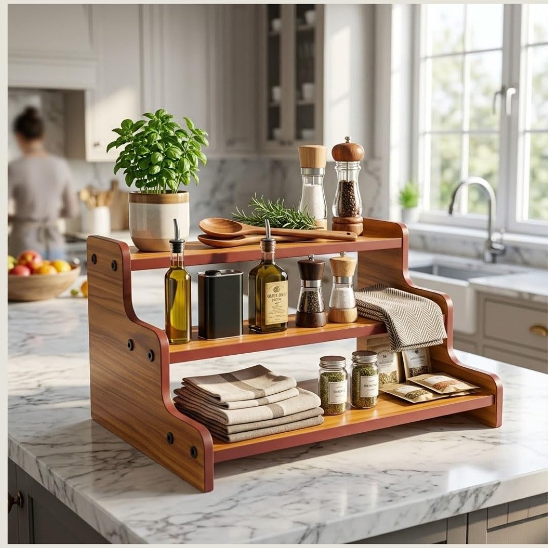 3-Tier Spice Rack, 13.8 Inch Wood Step Shelf Countertop Spice Storage Holder, Kitchen Pantry Cabinet Organizer Cupboard for Spice Bottles, Jars, Seasonings, Baking Supplies,