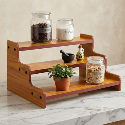 3-Tier Spice Rack, 13.8 Inch Wood Step Shelf Countertop Spice Storage Holder, Kitchen Pantry Cabinet Organizer Cupboard for Spice Bottles, Jars, Seasonings, Baking Supplies,