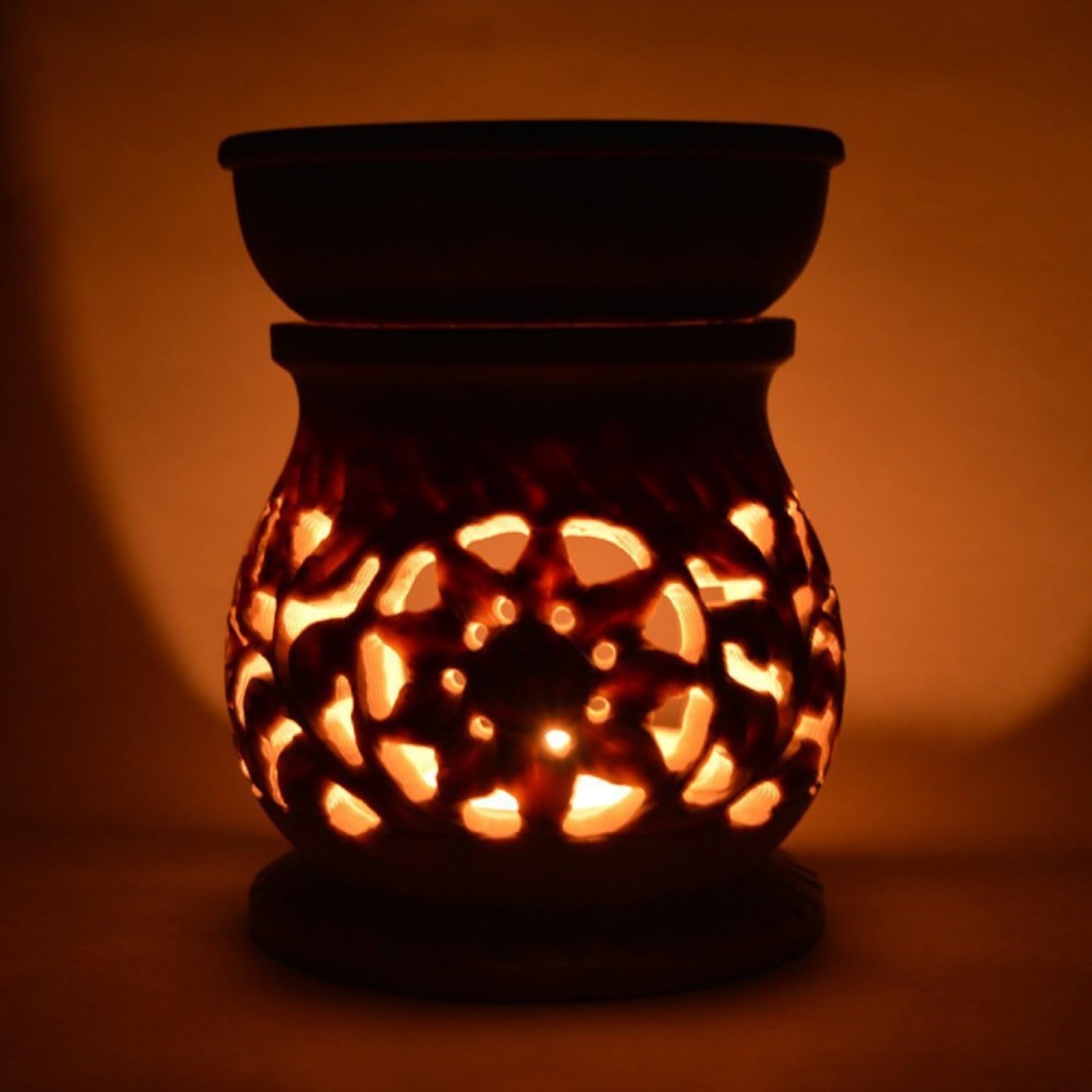 Pure Source India Floral Cut-Out Aroma Oil Burner – Ceramic Wax Melt Warmer with Tealight Holder
