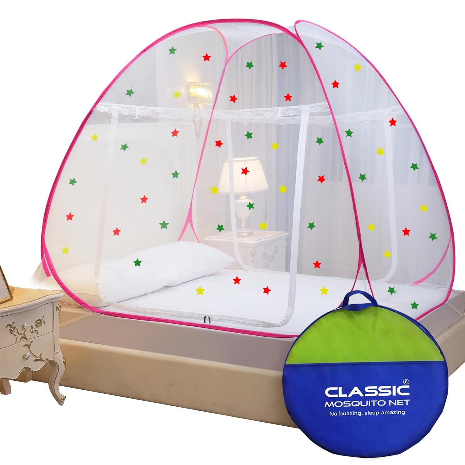 Classic Mosquito Net for Double Bed | King Size Foldable Machardani | Polyester 30GSM Strong Net | PVC Coated Corrosion Resistant Steel Wire - Blue