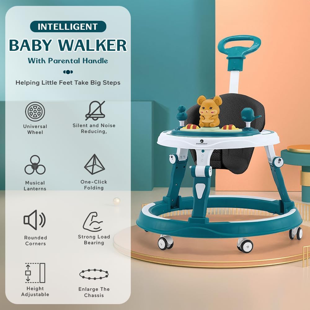 StarAndDaisy Walker for Kids for 6 to 18 Months, Intergrated RGB Lights Baby Walker Boys & Girls with 7 Level Height Adjustment, Walker Baby with Switchable Food & Musical Toy Tray (Blue)