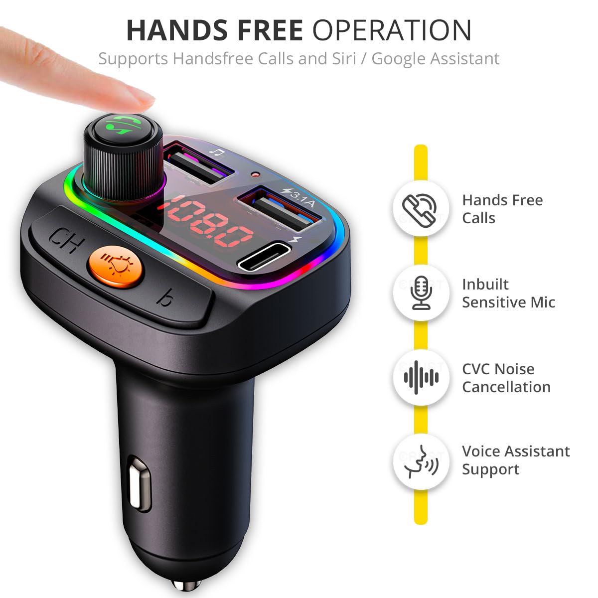 CRUST CS30 Car Bluetooth Device [Upgraded BT v5.3] with Call Receiver, FM Transmitter for Music System & Dual USB + Type C Charger; 7 Colour LED Lights; 6 EQ Presets; USB MP3 Support; Voice Assistant