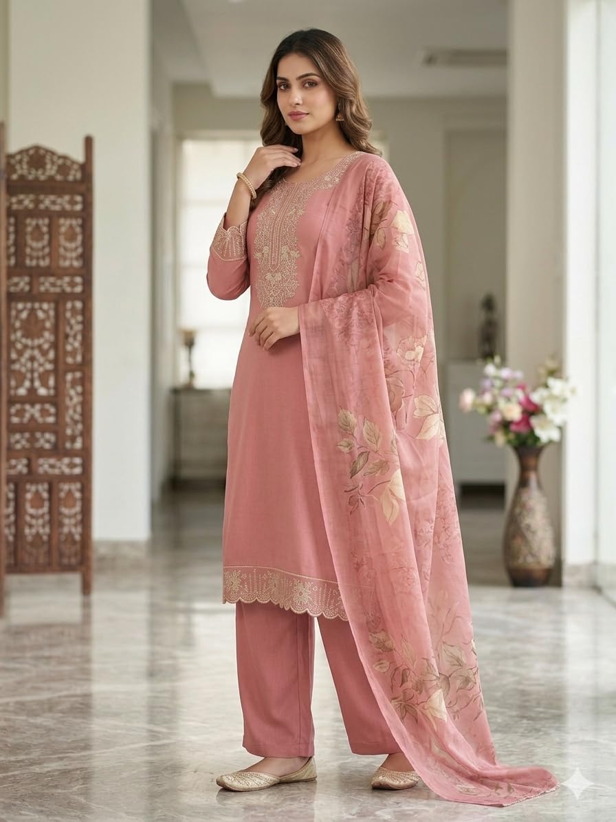 KD Women’s Premium Rayon Cotton Printed Embroidered Straight Kurta Pant Set with Dupatta | Ethnic Kurta Set for Women | Daily Office & Festive Traditional | Stylish Kurti Set for Women