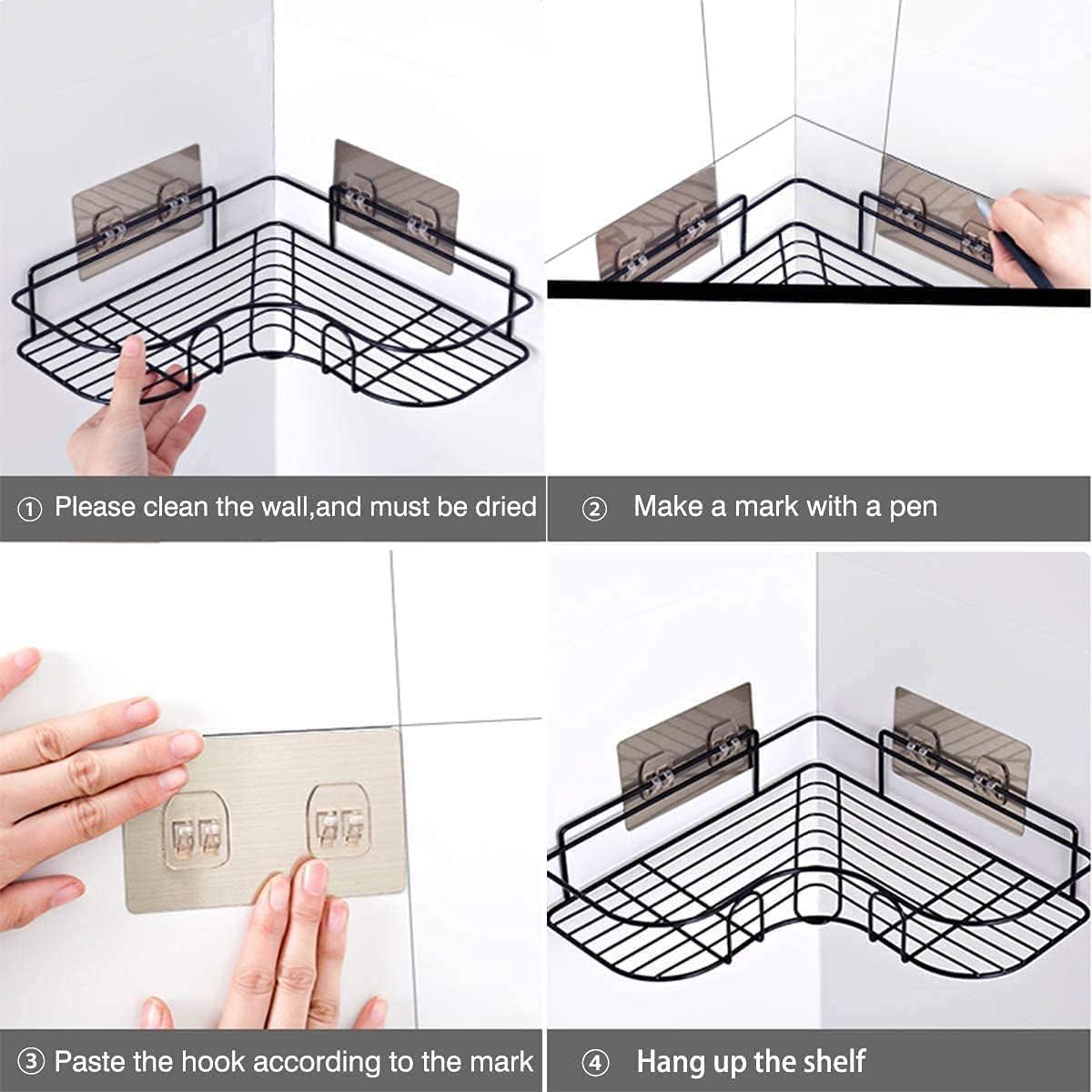 Oslen Metal (Pack of 2 Self-Adhesive Shelf/Storage Organizer for Bathroom and Kitchen Corner Wall Mounted Rack Shelf Bathroom Accessories Storage Rack (No Drilling-Shelf Adhesive) (8 and 9 INCH,Black)