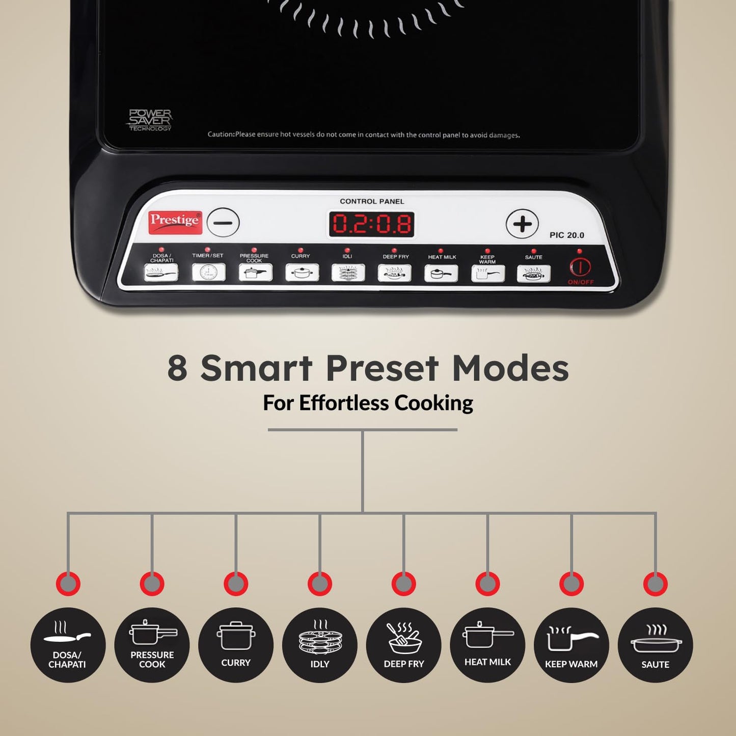Prestige PIC 20 1600 Watts Induction Cooktop | 4KV Surge Protection | 8 Preset Indian Menu Options & Timer | Soft Touch Button | Easy to Clean | Portable | Black | 1Y Warranty | BIS