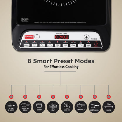 Prestige PIC 20 1600 Watts Induction Cooktop | 4KV Surge Protection | 8 Preset Indian Menu Options & Timer | Soft Touch Button | Easy to Clean | Portable | Black | 1Y Warranty | BIS