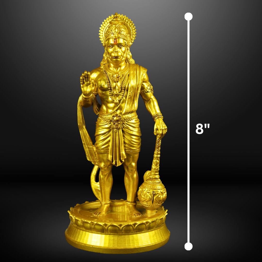 Hanuman Ji Standing with Gada Murti | 8 Inch Polystone Idol | Brass, Antique Copper & Orange Finish | Home Mandir, Hanuman Jayanti Gift (Brass Finish, 8 inches)