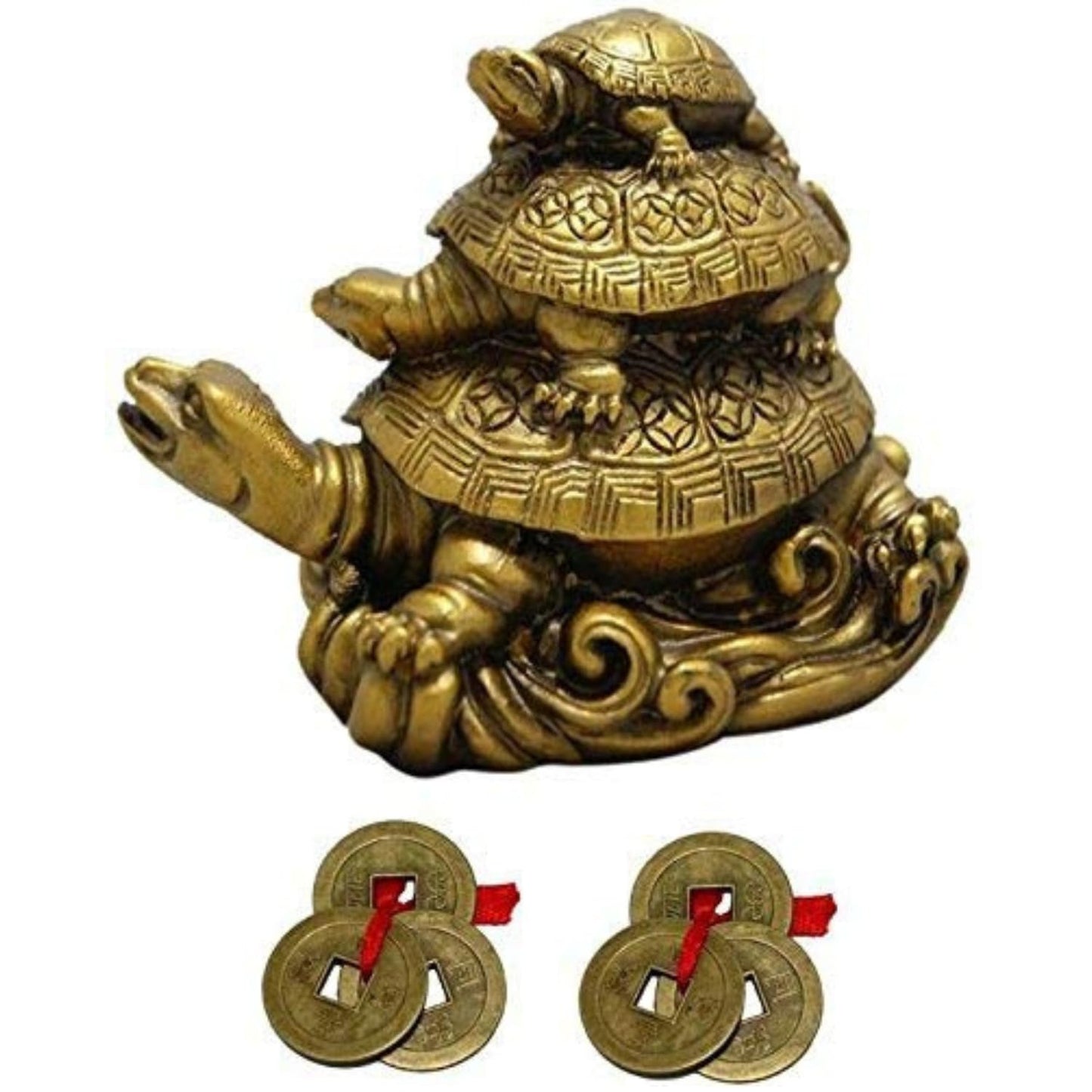 GJ Polyresin Feng Shui 3 Tortoise with 2 Lucky Coins for Good Luck & Wealth | Three Turtle Vastu Showpiece for Home Decor | House Warming & Shop Opening Gift
