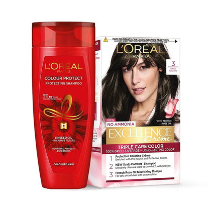 L'Oréal Paris Permanent Hair Colour, Radiant At-Home Hair Colour with up to 100% Grey Coverage, Pro-Keratin, Up to 8 Weeks of Colour, Excellence Crème, 3 Natural Darkest Brown, 72ml+100g