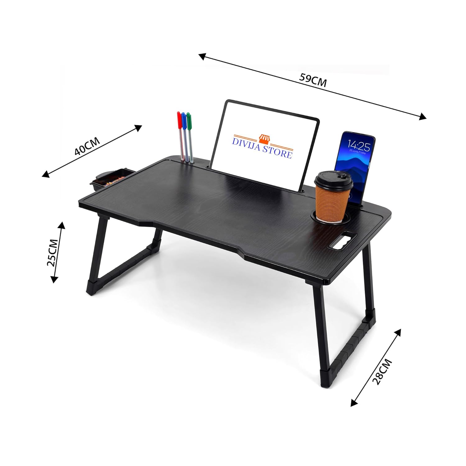 DIVIJA STORE Wood Smart Multipurpose Foldable Laptop Table with Cup Holder, Study Table, Bed Table, Breakfast Table, Foldable and Portable/Ergonomic & Rounded Edges/Non-Slip Legs (Black), 59 cm, 8 cm