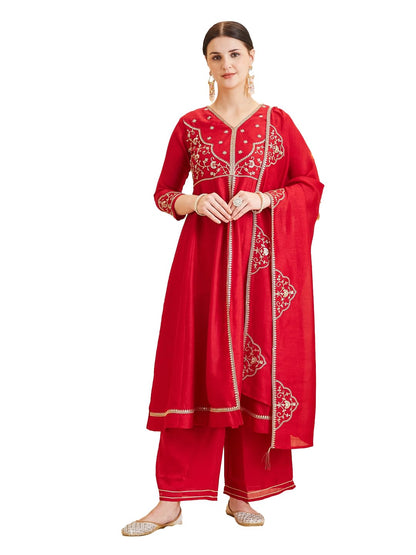 MOKOSH Women's Silk Embroidered Anarkali Kurta with Palazzo Set & Dupatta | Ethnic Handwork Kurta Set for Women | Daily, Office & Festive Traditional