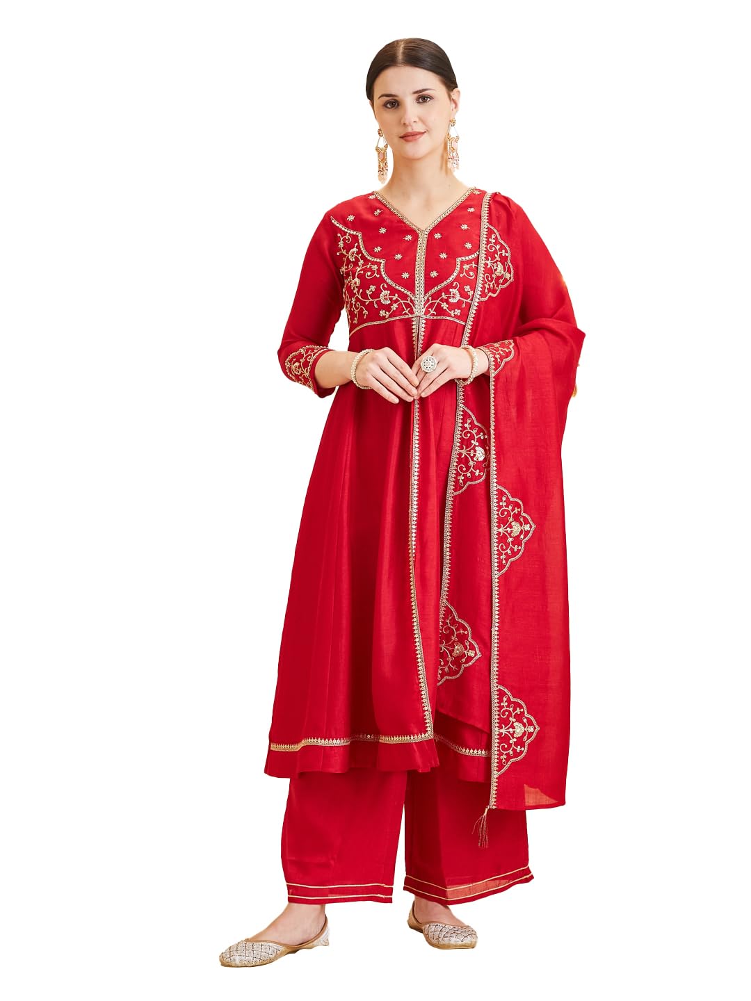 MOKOSH Women's Silk Embroidered Anarkali Kurta with Palazzo Set & Dupatta | Ethnic Handwork Kurta Set for Women | Daily, Office & Festive Traditional