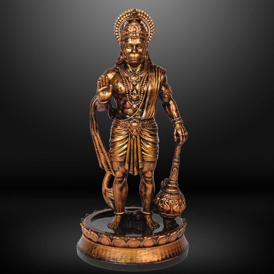 Hanuman Ji Standing with Gada Murti | 8 Inch Polystone Idol | Brass, Antique Copper & Orange Finish | Home Mandir, Hanuman Jayanti Gift (Brass Finish, 8 inches)