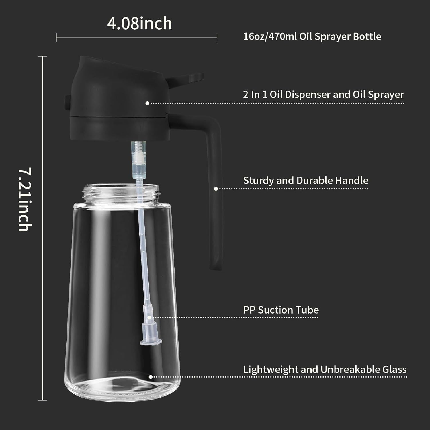 Misamo Enterprise Glass Oil Sprayer and Dispenser Bottle, 500ml Capacity, 2-in-1 Design, Black