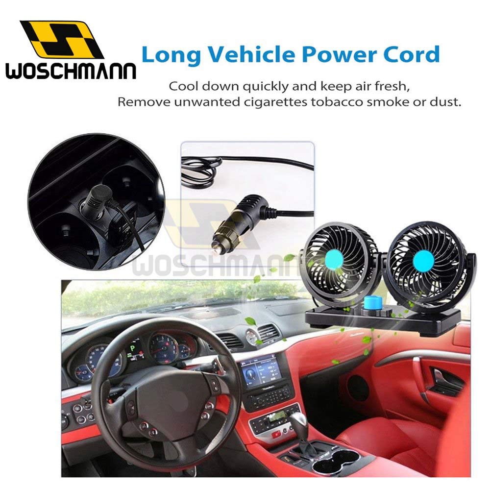 Woschmann Mitchell 12V DC Electric Car Fan for Dashboard, Double Head Cooling Electric Fan, 360 Degree Rotatable Small Fan for Car with 2 Speed Control, ABS Plastic, Dashboard Fan