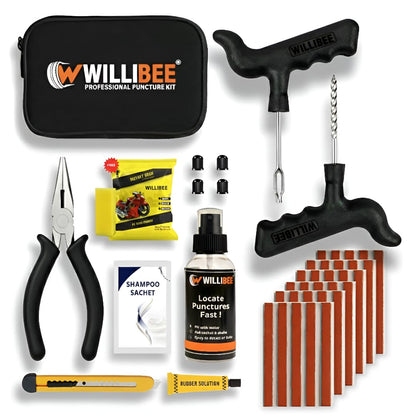 WILLIBEE 11-in-1 (Pack of 10 Strips) Tubeless Tyre Puncture Repair Kit for Car & Bike | Heavy-Duty Puncher Kit (Includes Storage Bag)