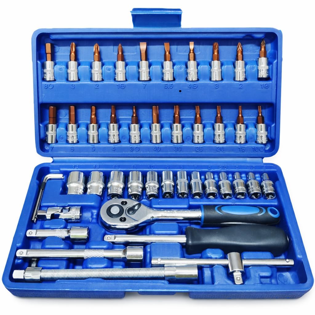 FBT 46Pcs 1/4 Inch Drive Box End Socket Set, Metric Ratchet Wrench Set With 4-14Mm Cr-V Sockets, S2 Bits,Extension Bars, Mechanic Tool Kits For Household Auto Repair (Blue), Chrome Vanadium Steel