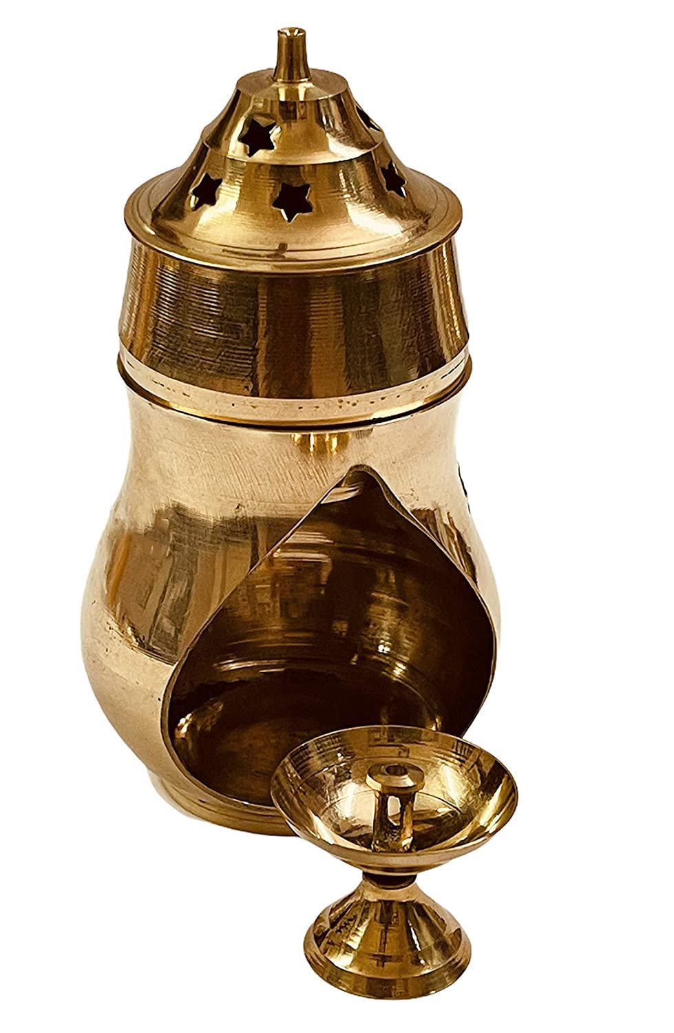 Brass Camphor Aroma Incense Burner Lamp Aroma Lamp Oil Burner Oil Diffuser with Diya (8.5cm x 8.5cm x 16cm)