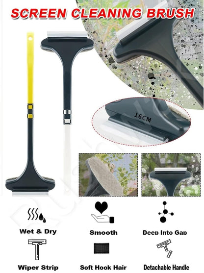 Rushwak Multifunctional Screen Brush 2 in 1 Mesh Cleaning Brush & Wiper with Extended Handle Window Cleaning Brush Net Cleaner Double-Sided Window Mesh Cleaner, Multi Color, Pack of 1, Polypropylene