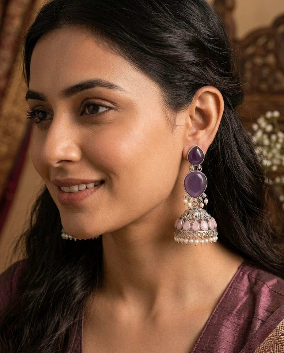 Oxidised Silver Jhumka Earrings with Purple Stones, Pink Teardrop Accents and Pearl Drops