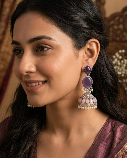 Oxidised Silver Jhumka Earrings with Purple Stones, Pink Teardrop Accents and Pearl Drops