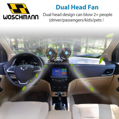 Woschmann Mitchell 12V DC Electric Car Fan for Dashboard, Double Head Cooling Electric Fan, 360 Degree Rotatable Small Fan for Car with 2 Speed Control, ABS Plastic, Dashboard Fan