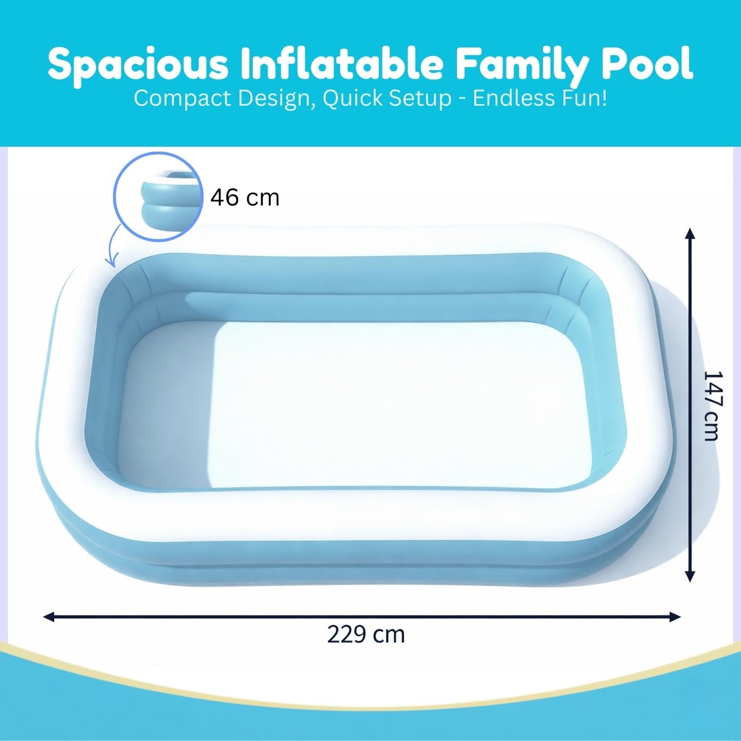 Toy Imagine 6.5 ft Inflatable Family Swimming Pool for Kids & Adults | Rectangular Pool with Electric Pump | Thick PVC | Multi-Use: Pool, Ball Pit, Bathtub & More
