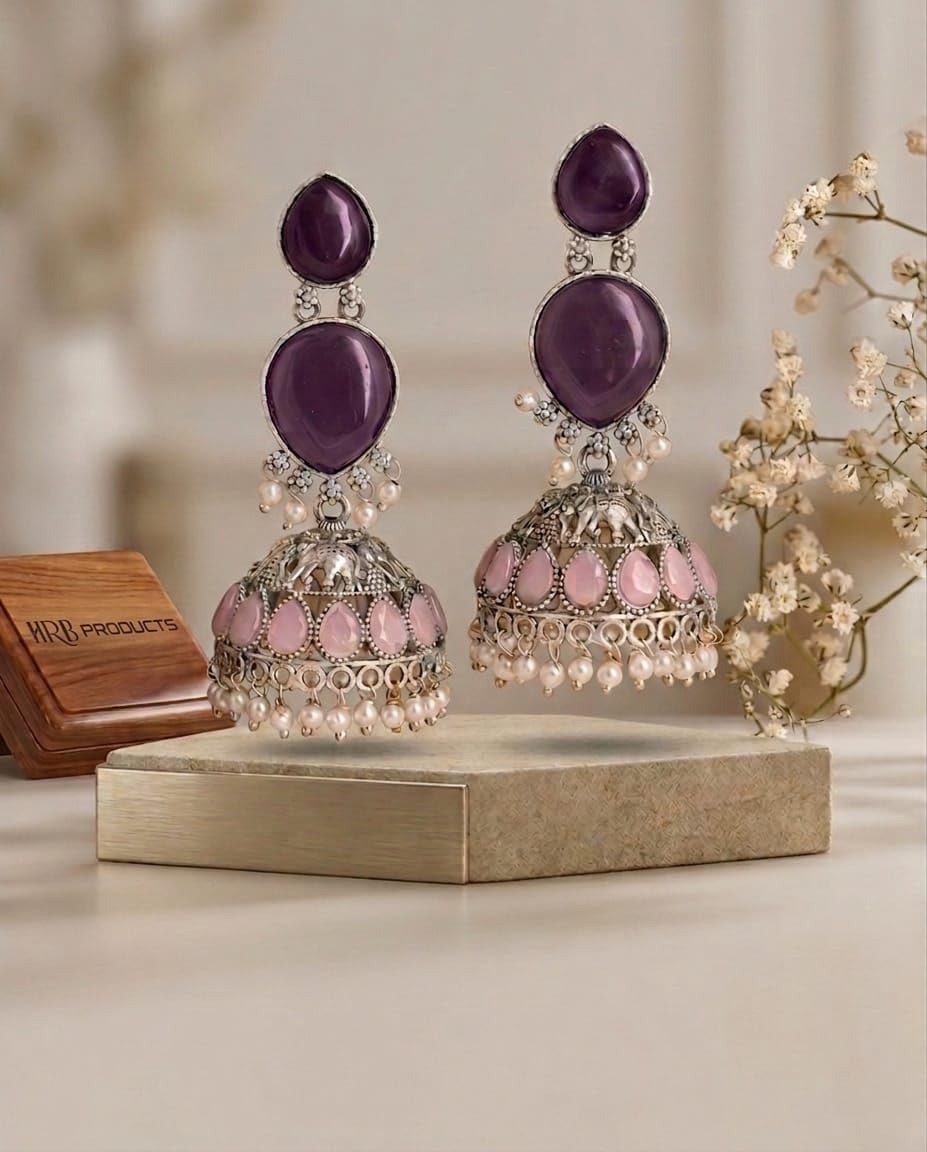 Oxidised Silver Jhumka Earrings with Purple Stones, Pink Teardrop Accents and Pearl Drops