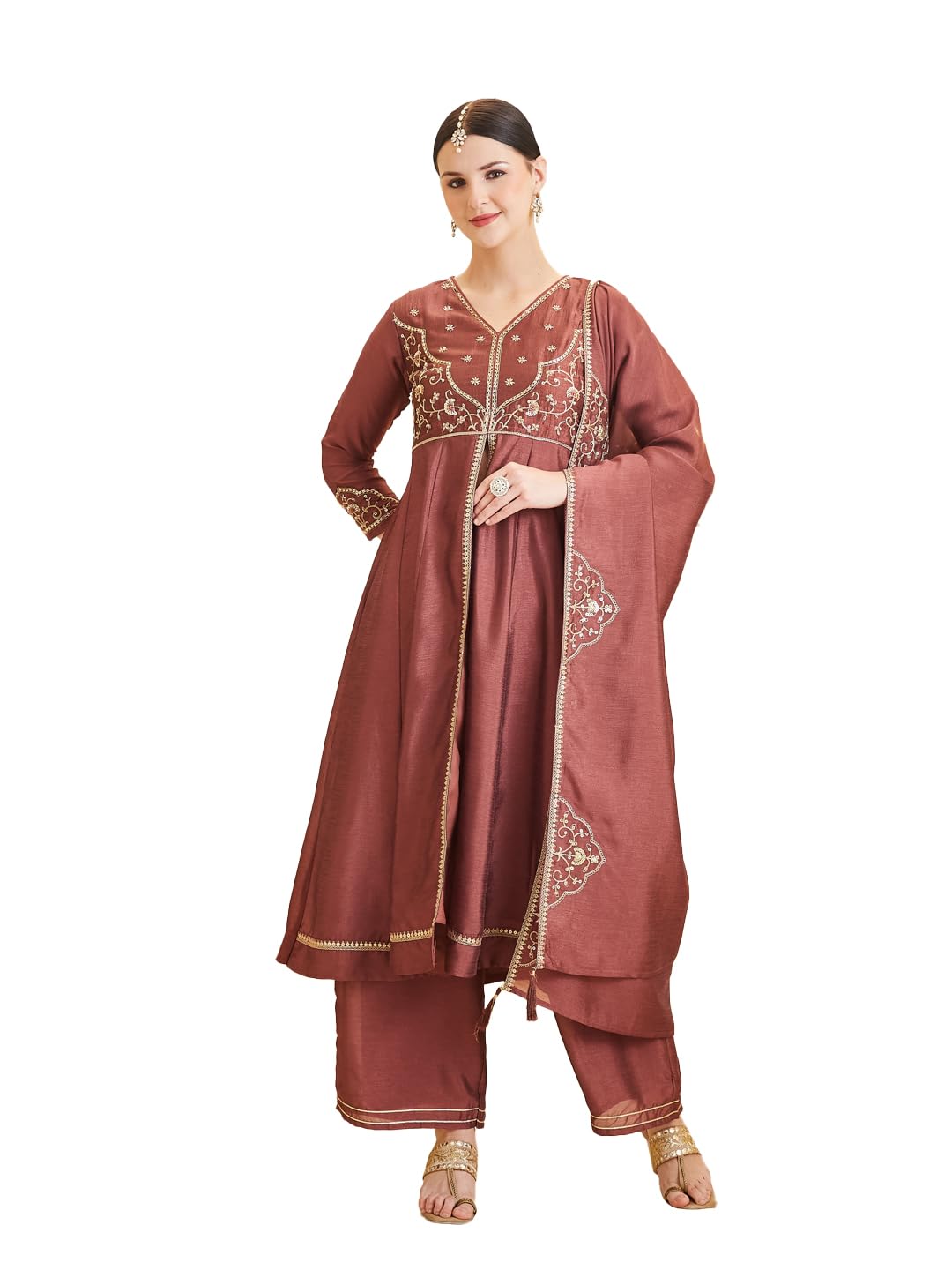 MOKOSH Women's Silk Embroidered Anarkali Kurta with Palazzo Set & Dupatta | Ethnic Handwork Kurta Set for Women | Daily, Office & Festive Traditional