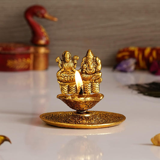 eCraftIndia Golden Metal Goddess Lakshmi & Lord Ganesha Decorative Diya for Diwali, Ganesh Chaturthi, Home Temple Decor - Diwali Decoration Item for Home Decor