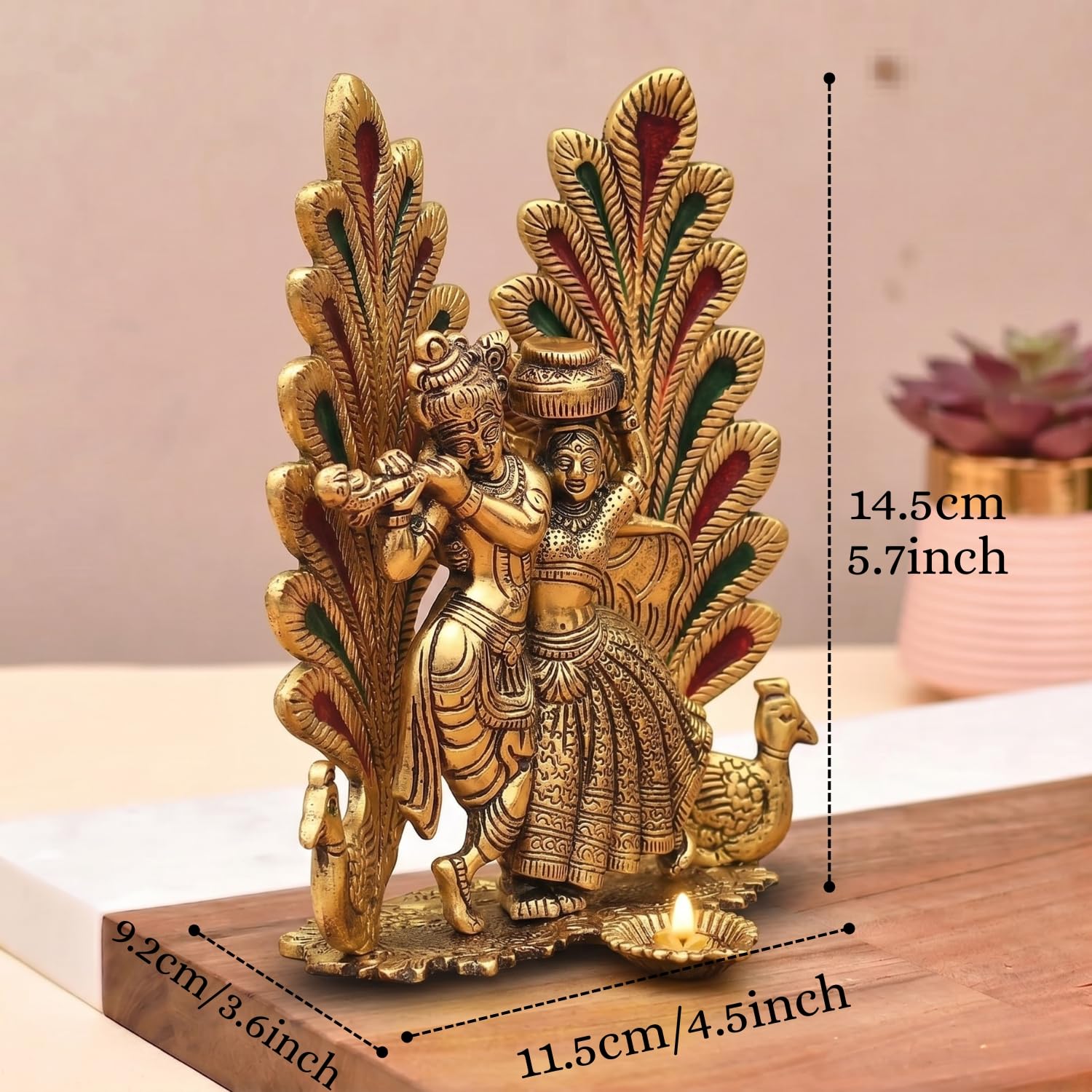 ascension Metal Peacock Design Radha Krishna Idol Decorative Showpiece Statue for Puja Room Home Office Desk Decoration Gift Items Gold