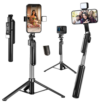 Kratos K9 Selfie Stick Tripod With Light, 67 inch /170CM Reinforced Tripod for Mobile Phone, Multi-Functional Bluetooth Long Selfie Stick for Travel,Vlogging,Compatible with iPhone and All Smartphones