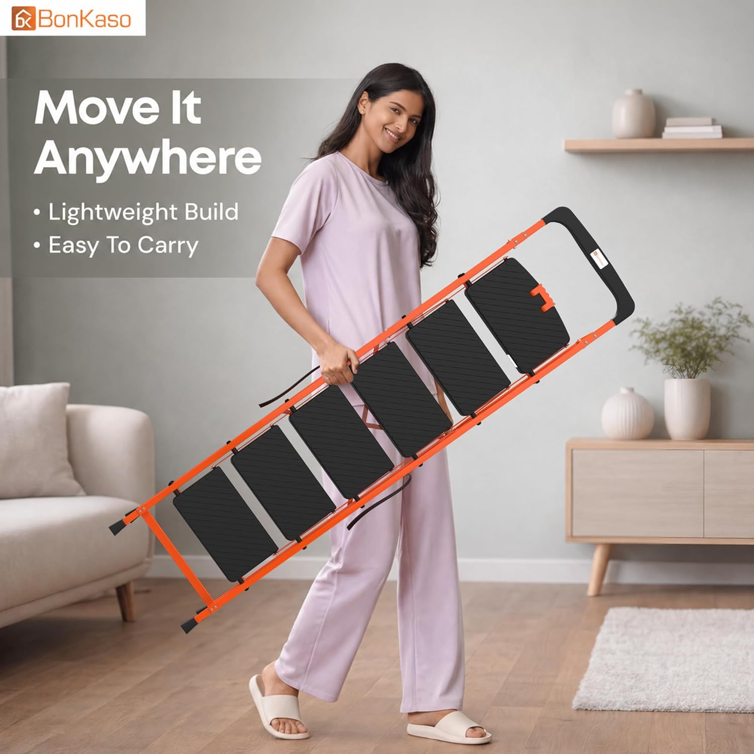 BonKaso Climb Easy 6 Step Heavy Duty Foldable Steel Kitchen Ladder for Home, Office & Outdoor Use with Anti-Slip Wide Steps, Support Handle & Tool Tray (Orange & Black)