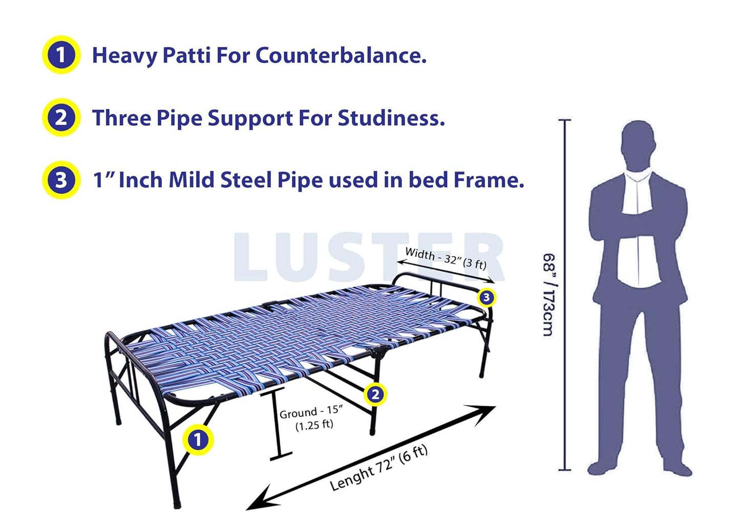 LUSTER Single Person Bed for Indoor & Outdoor Use, Lightweight, Comfortable, Design Holds Adults, Men, Women Kids Up to 310 Kgs (Blue Niwar Bed)