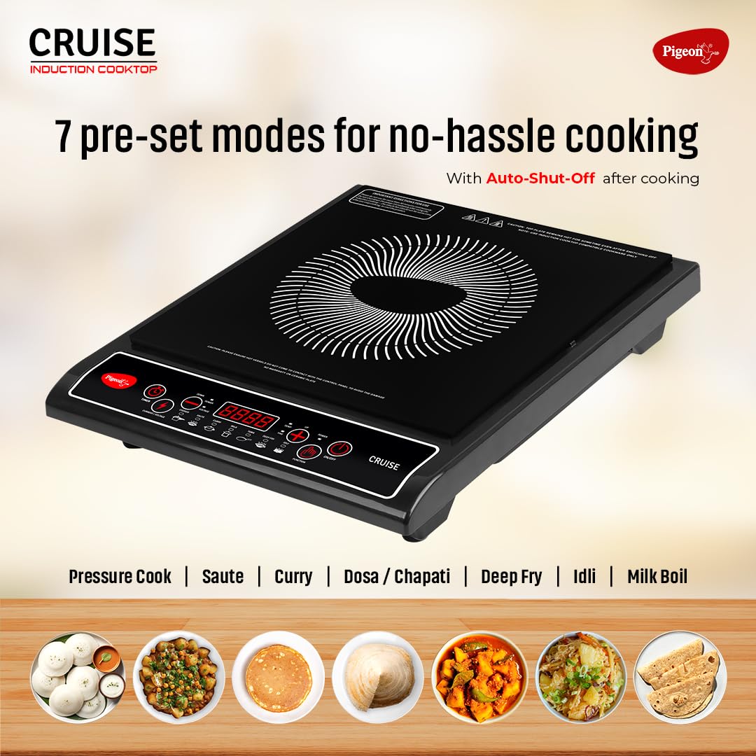 Pigeon by Stovekraft Cruise 1800 watt Induction Cooktop With Crystal Glass,7 Segments LED Display, Auto Switch Off - Black