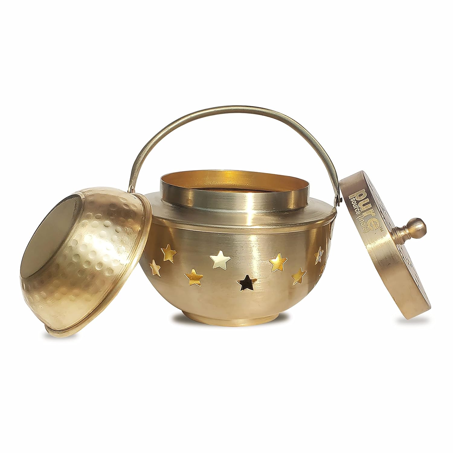 Pure Source India Brass Kapoor Dani, Aroma Diffuser, Bakhoor Dani, Incense Burner, Pack of 1(Star Cutting), Round