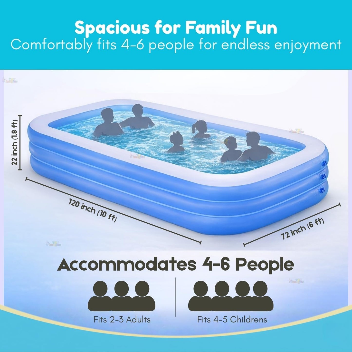 Toy Imagine 6.5 ft Inflatable Family Swimming Pool for Kids & Adults | Rectangular Pool with Electric Pump | Thick PVC | Multi-Use: Pool, Ball Pit, Bathtub & More