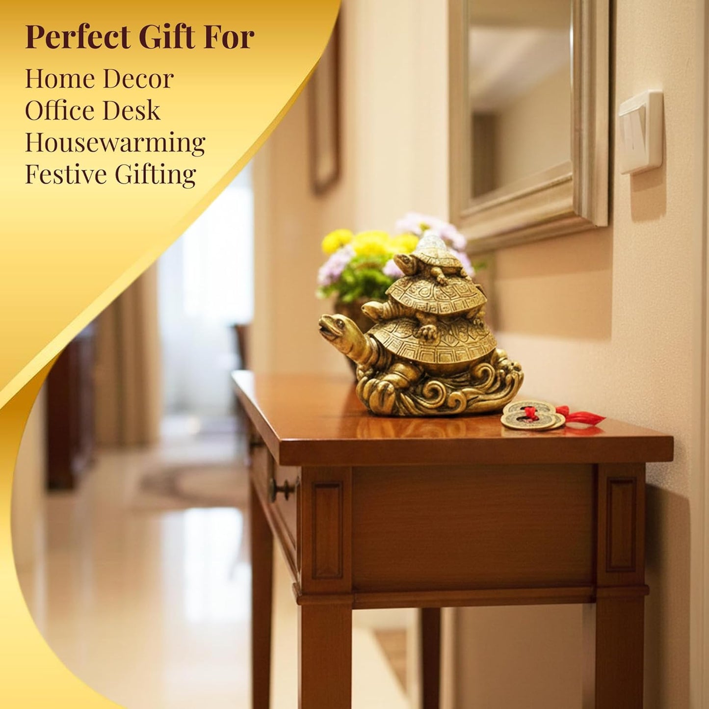 GJ Polyresin Feng Shui 3 Tortoise with 2 Lucky Coins for Good Luck & Wealth | Three Turtle Vastu Showpiece for Home Decor | House Warming & Shop Opening Gift